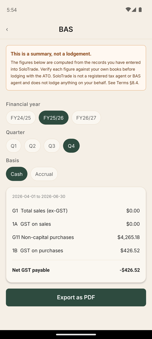 BAS quarterly report with GST collected and paid