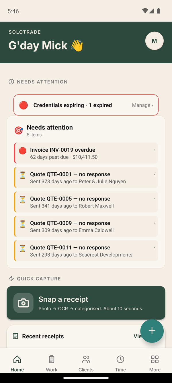 Dashboard showing jobs and quotes needing attention
