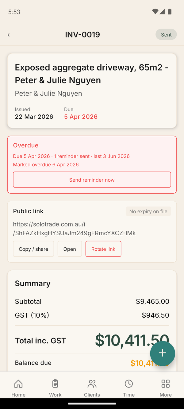 Invoice with GST breakdown and overdue reminders
