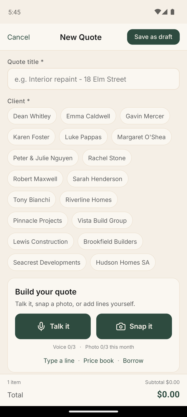 New quote screen with Talk it and Snap it capture buttons