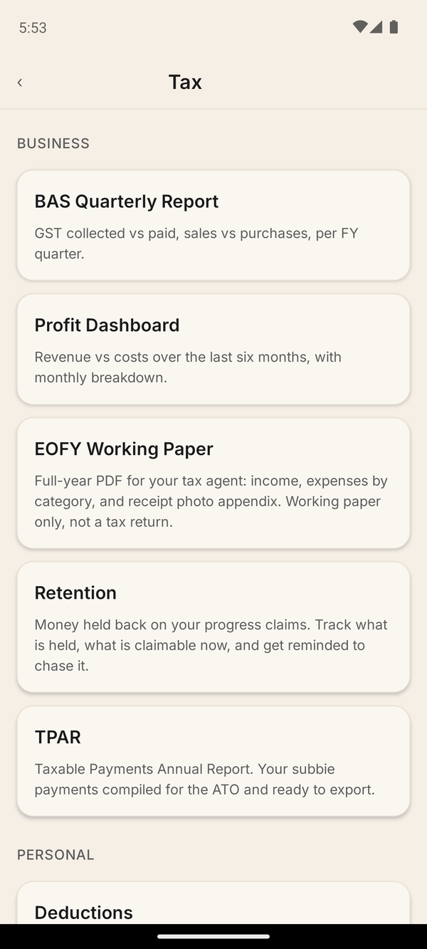 Money and tax hub with BAS, profit, EOFY and TPAR